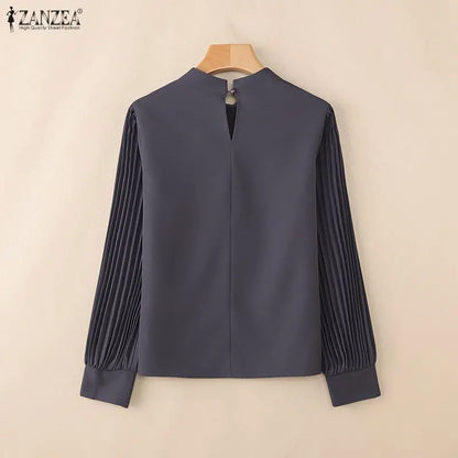 ZANZEA Women's Elegant Chic Blouses Mock Neck Pleated Long Puff Sleeves Solid Color Tops 2026 Minimalist Casual Woman Clothes