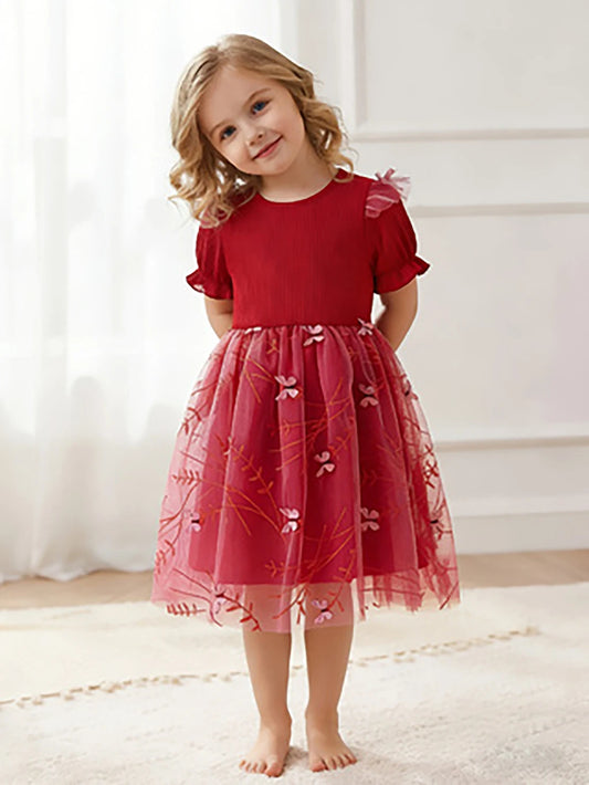 Girls' Red Butterfly Embroidery Tulle Princess Dress, Summer Puff Sleeve Dress