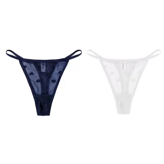 2Pcs Heart See Through Mesh G-String T-Pants Underpants Sexy Lace Sheer Underwear Women's Low Waist  Lingerie Thong Panties