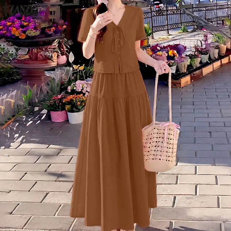 ZANZEA Summer 2PCS Outfits Stylish V Neck Short Sleeve Blouse Dress Sets Casual A Line Skirt Suit Elegant Women 2 Pieces Sets