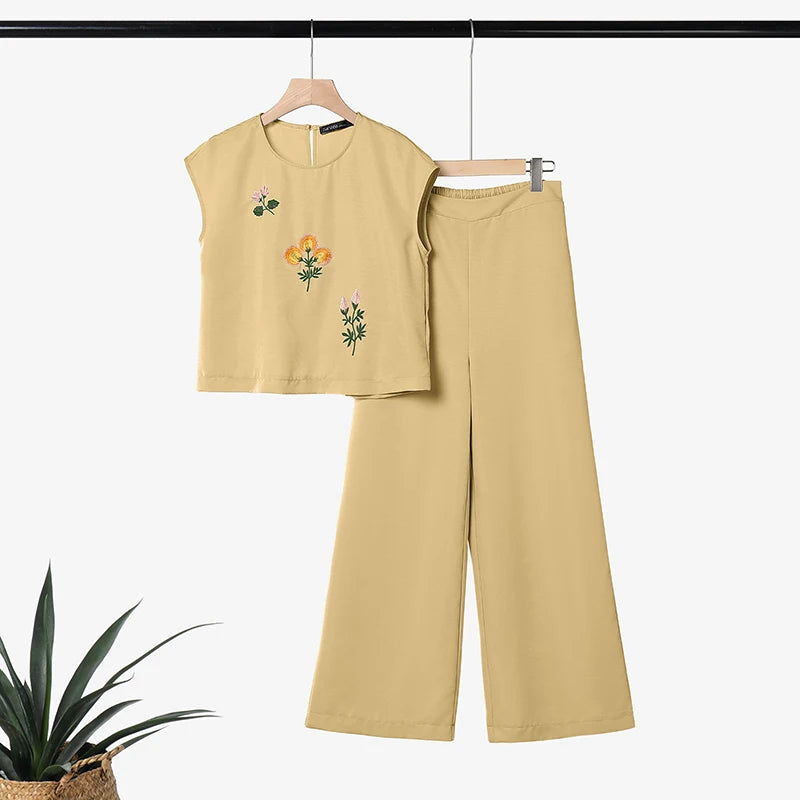 ZANZEA Fashion Summer Outfits O Neck Short Sleeve Floral Blouse Wide Leg Pant Sets Women 2 Pieces Sets Tracksuit Matching Sets