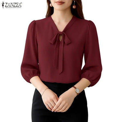 ZANZEA Elegant Minimalist Woman Blouses Bow Tie Neck 3/4 Puff Sleeve Crinkled Texture Solid Color Tops Summer Blusas de Mujer