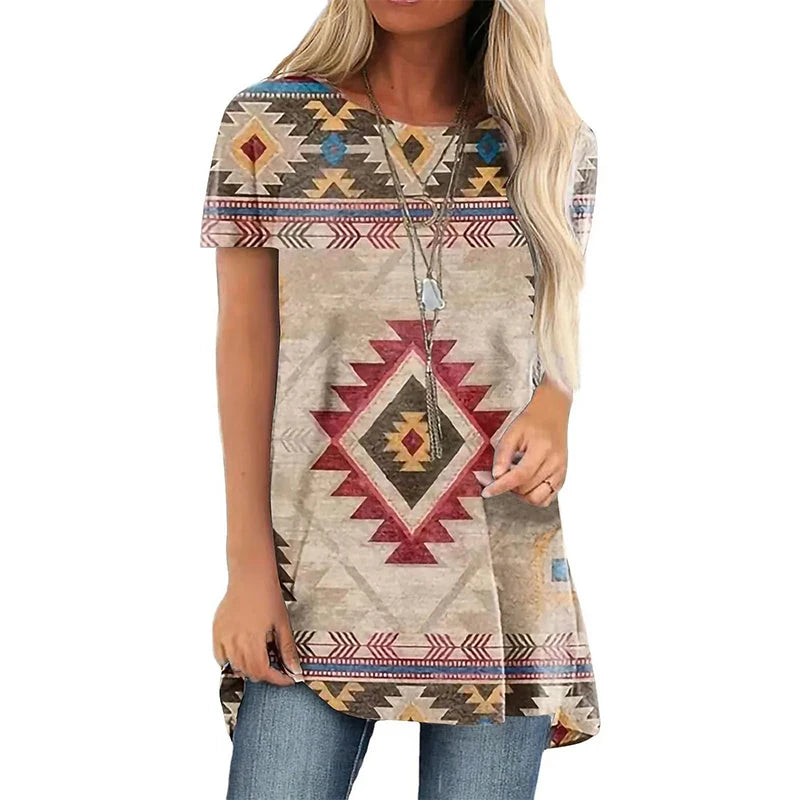Western Ethnic Style T-shirt 3D Print Geometry Streetwear Women Retro Tunic T Shirts Y2K Tops Tees Woman Girl Oversized Clothing