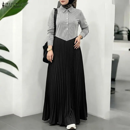 ZANZEA Ramadan Robe Stylish Women Patchwork Muslim Abaya Maxi Dresses Casual Long Sleeve Pleated Sundress Kaftan Hijab Vestido