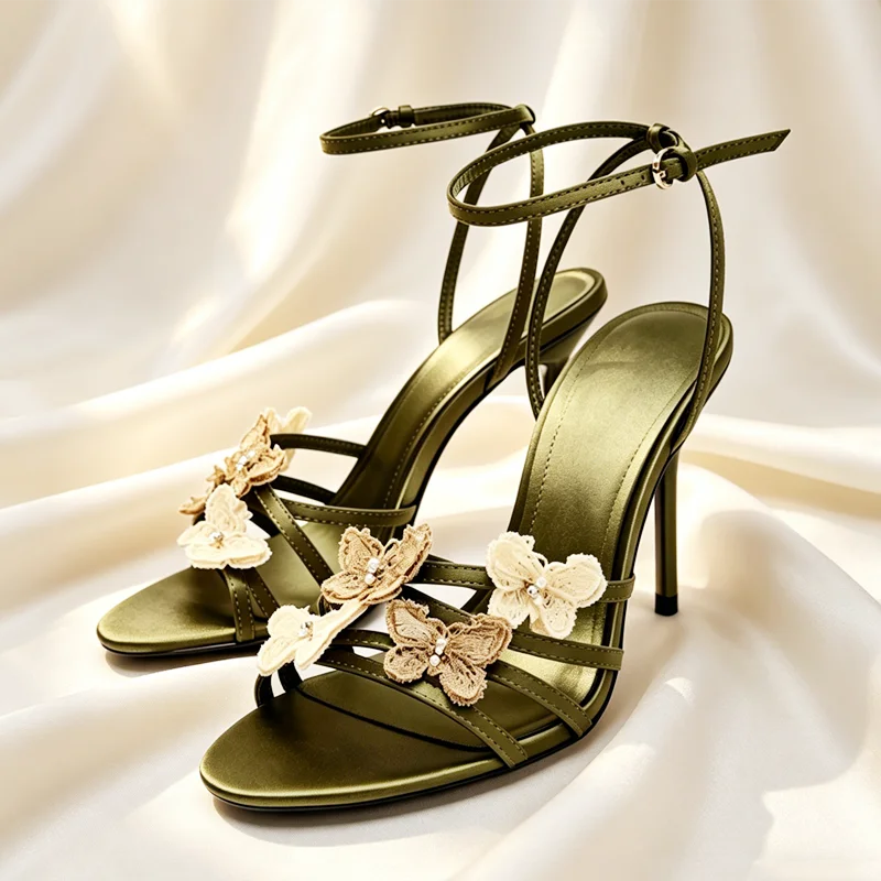 Hand Embroidery Butterfly Detail High Heel Sandals Women Luxury Satin Ankle Strap High Heels for Ladies Elegant Party Dress Shoe