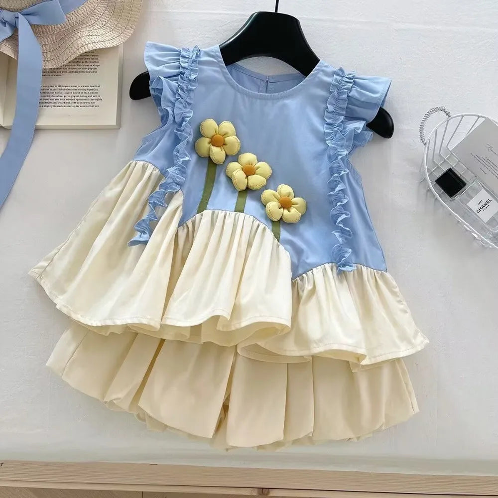Summer New Flying Sleeve T-shirt Tops + Shorts Two Piece Set Casual 3D Flower Patchwork Girl Clothes Pleated Sweet Kids Wear