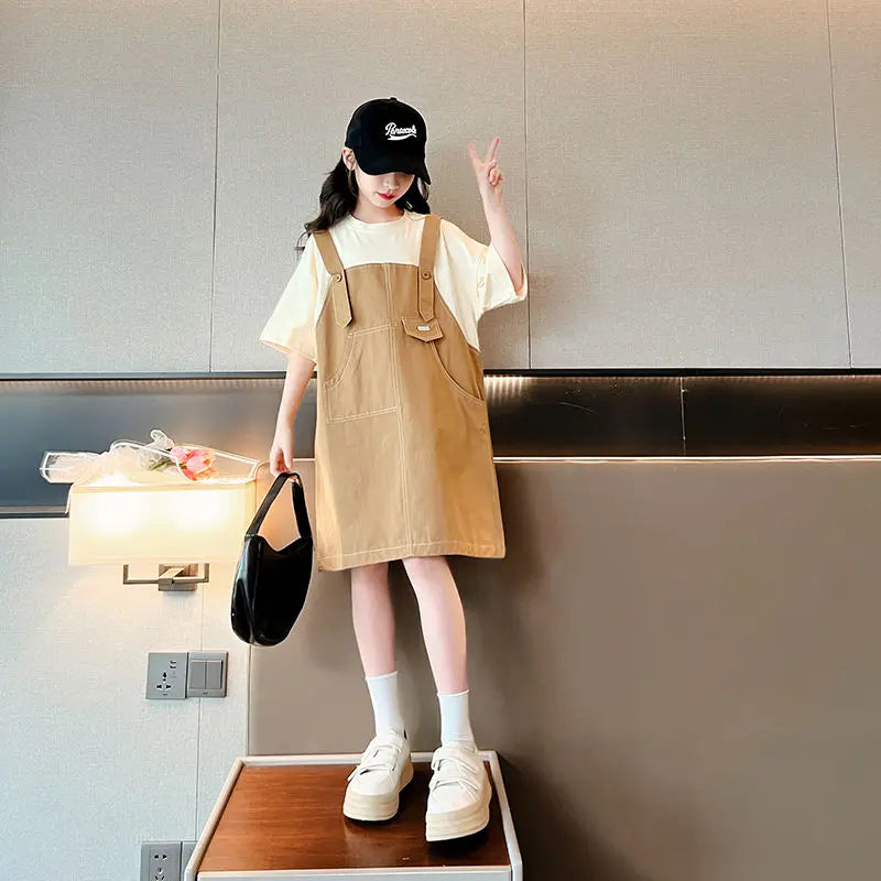 Simple and Minimalist Korean-style Casual Loose Dress for Students Suit Girls White Girl Children Clothes Girls' Princess Farm