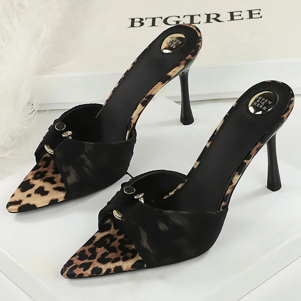 BIGTREE Shoes Women Sandals Leopard Pleated Lace Women Pumps Open-toe High-Heeled Sandals Summer Slippers Stiletto 9 Cm Heels ﻿