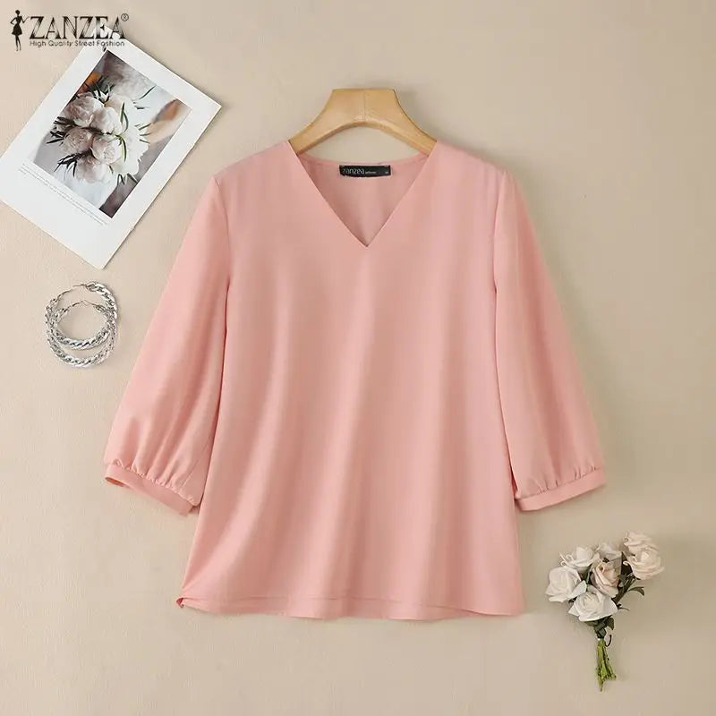 ZANZEA Summer Woman Elegant Daily Casual Blouses 3/4 Puff Sleeve V-Neck Solid Color Blusas de Mujer Minimalist Day Wear Tops