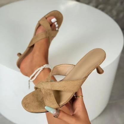 Women's Mules Open Toe Kitten Heel Sandals Suede Look Criss Cross Straps Slip-On Minimalist Casual Dress Shoes Daily Footwear