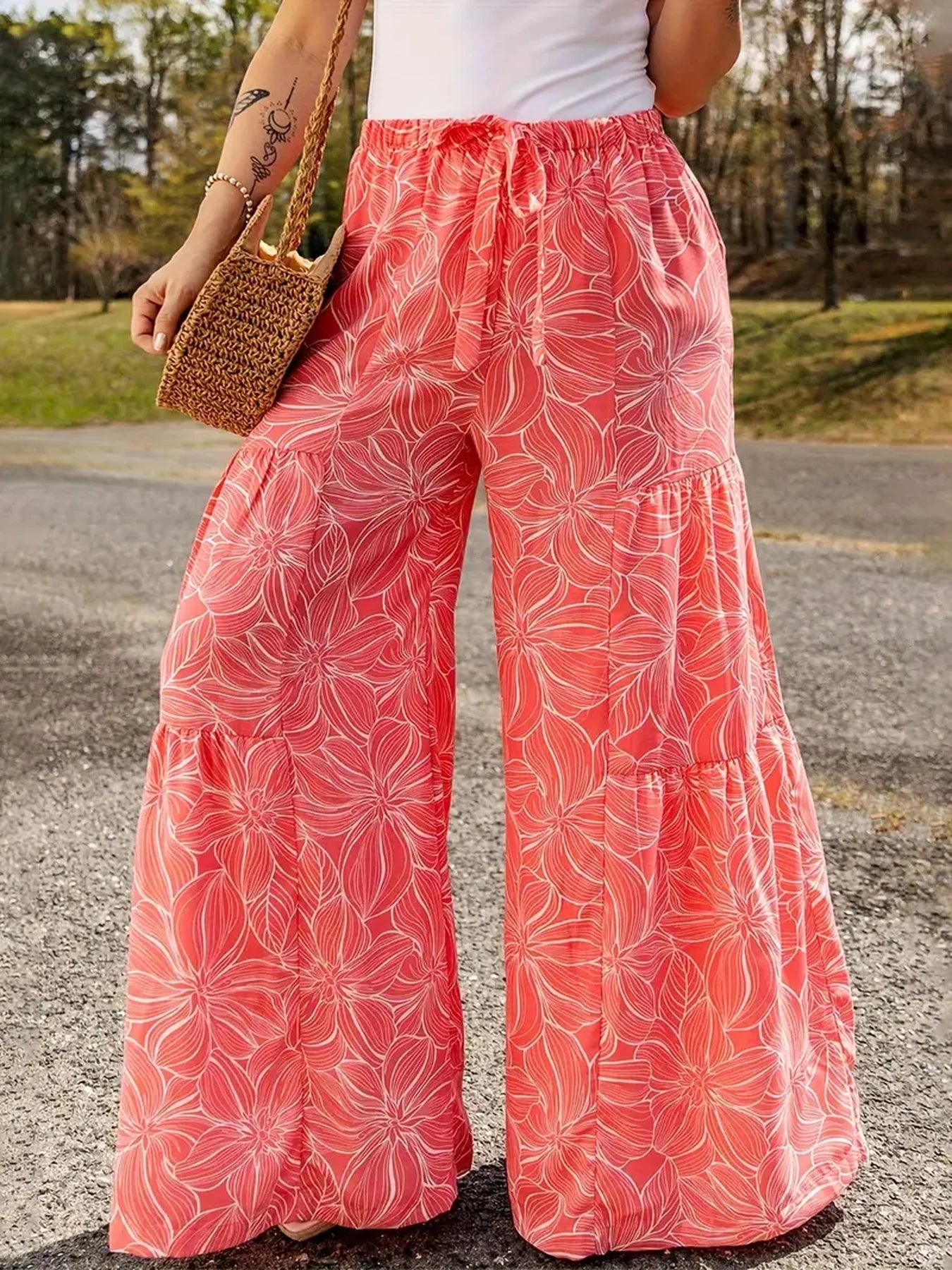 Summer Casual plus Size Wide Leg Long Pants Elegant Loose Comfortable Printed Elastic Waistband Tied Rope Fashionable