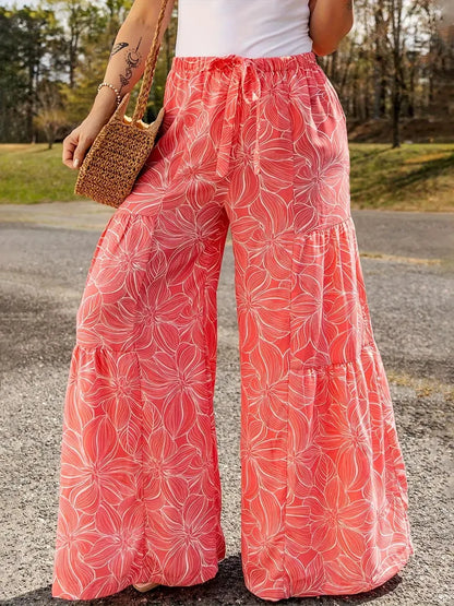 Summer Casual plus Size Wide Leg Long Pants Elegant Loose Comfortable Printed Elastic Waistband Tied Rope Fashionable
