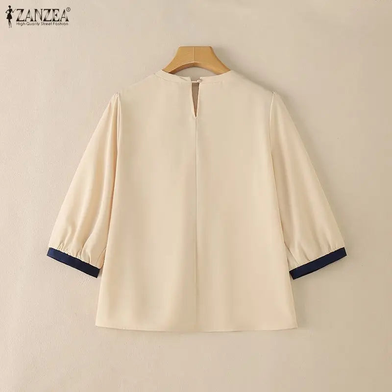 ZANZEA Woman Casual Blouses Gathered O-Neck Contrast-Trim 3/4 Sleeve Solid Color Tops 2026 Summer Everyday Wear Blusas de Mujer