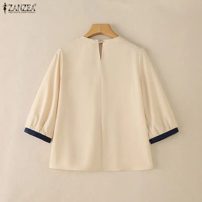 ZANZEA Woman Casual Blouses Gathered O-Neck Contrast-Trim 3/4 Sleeve Solid Color Tops 2026 Summer Everyday Wear Blusas de Mujer