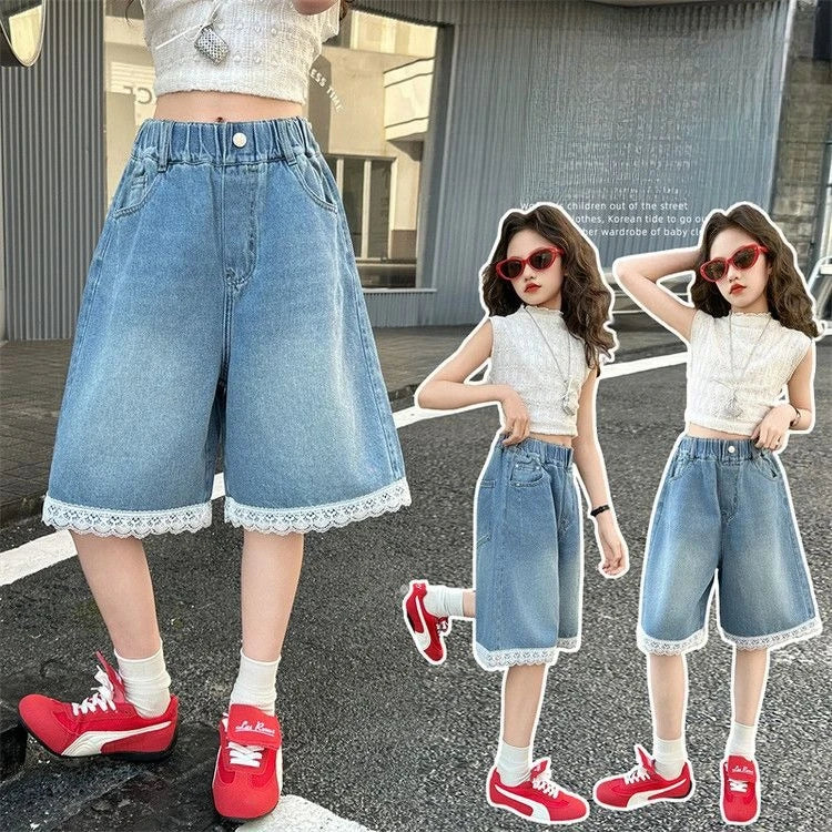 Lightweight Girls' Denim Crop Shorts 2026 Summer Loose Design with Lace Trim Kids' Cotton Blend Shorts