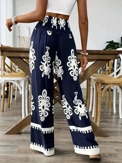 Women Fashion Plus Size 1XL-5XL Floral Print Wide Leg Pants Female Casual  Elegant Drawstring High Waisted Loose Long Trousers