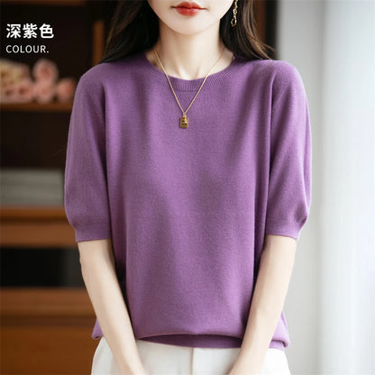 Autumn Women 100% Merino Wool Sweater O-Neck Cashmere Pullover Basic Fashion Short Sleeve Clothing Comfort Top Casual Solid