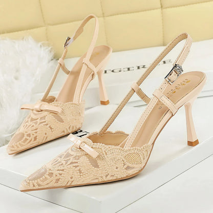 BIGTREE Shoes Temperament Socialite High Heels Women Sandals Summer Bowknot Women Pumps Sexy Lace Mesh Party Shoes Stiletto 8 CM