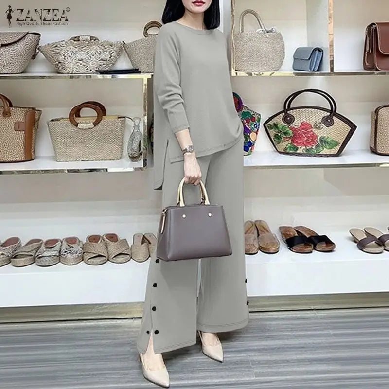 ZANZEA Autumn Outfits Women Casual O Neck Long Sleeve Tops Wide Leg Pants Sets 2 Piece Sets Solid Color Loose Tracksuit Oversize
