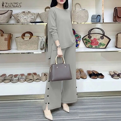 ZANZEA Autumn Outfits Women Casual O Neck Long Sleeve Tops Wide Leg Pants Sets 2 Piece Sets Solid Color Loose Tracksuit Oversize