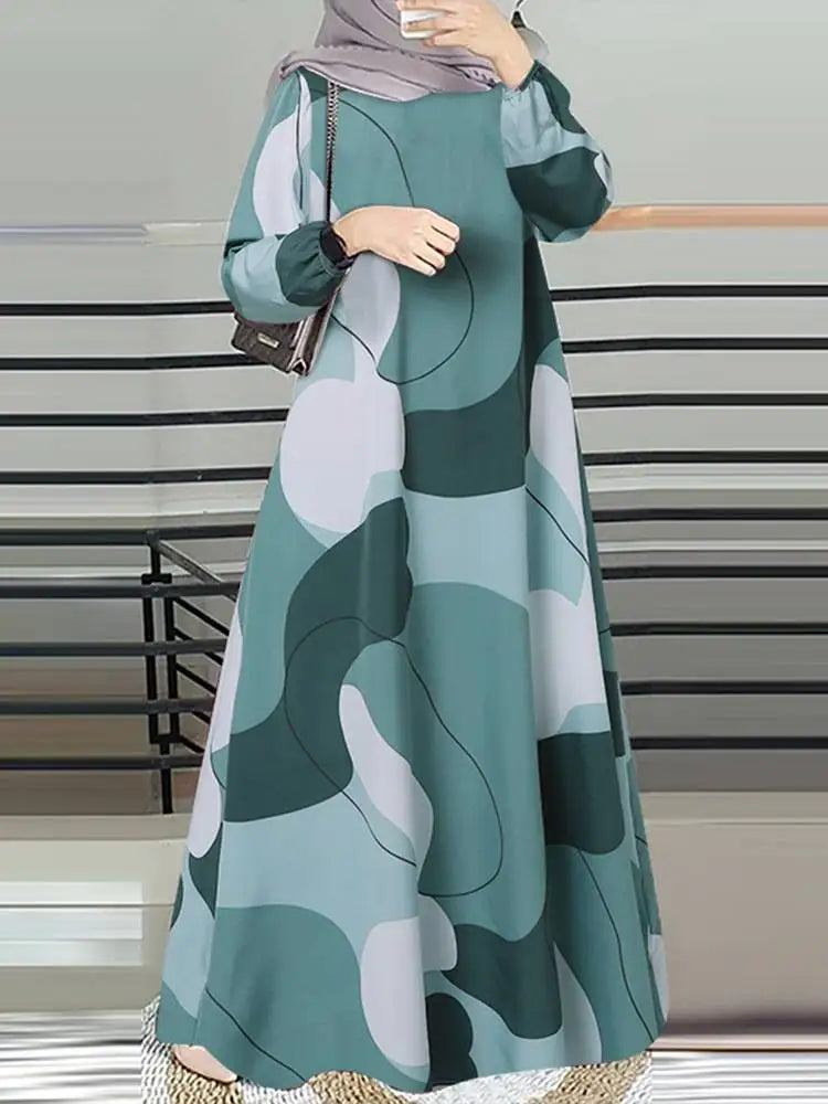 Vintage Muslim Abaya ZANZEA Women Printed Maxi Dresses Fashion Long Sleeve Islamic Robe Dubai Sundress Hijab Vestidos Kaftan