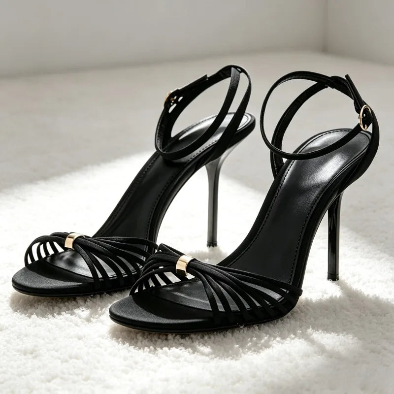 Gold Narrow Band Metal Detail Heeled Sandals Women Fashion Ankle Strap Buckle Stiletto Designer Shoe Elegant Open-toe Party Shoe