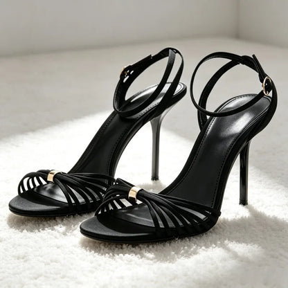 Gold Narrow Band Metal Detail Heeled Sandals Women Fashion Ankle Strap Buckle Stiletto Designer Shoe Elegant Open-toe Party Shoe