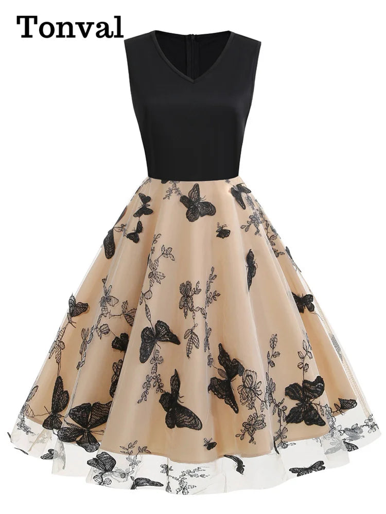 Tonval Black Patchwork Butterfly and Floral Embroidered Mesh Elegant Dresses Women Sleeveless Vintage Style Midi Dress
