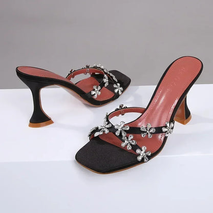 Shiny Crystal Flowers Decorative Women's Sandals 2025 Elegant High Heeled Slide Sandals for Women Cross Strap Summer High Heels