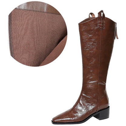 BIGTREE Spring Autumn Pointed Toe Knee-High Boots Women Designer Vintage Square Low Heels Shoes Modern Long Botas Para Mujer