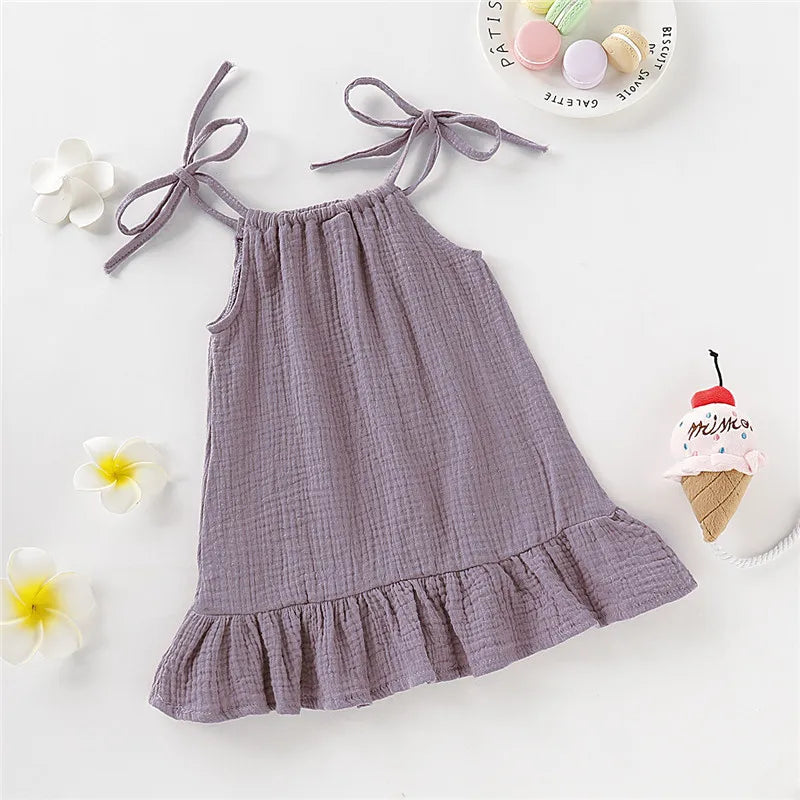 1-5 Years Old Kid Girl Summer Breathable Cotton Slip Dress Adjustable  Solid Color Halter Dress Toddler Girl Holiday Beachwea