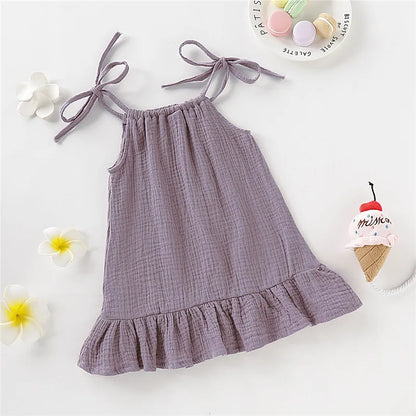 1-5 Years Old Kid Girl Summer Breathable Cotton Slip Dress Adjustable  Solid Color Halter Dress Toddler Girl Holiday Beachwea