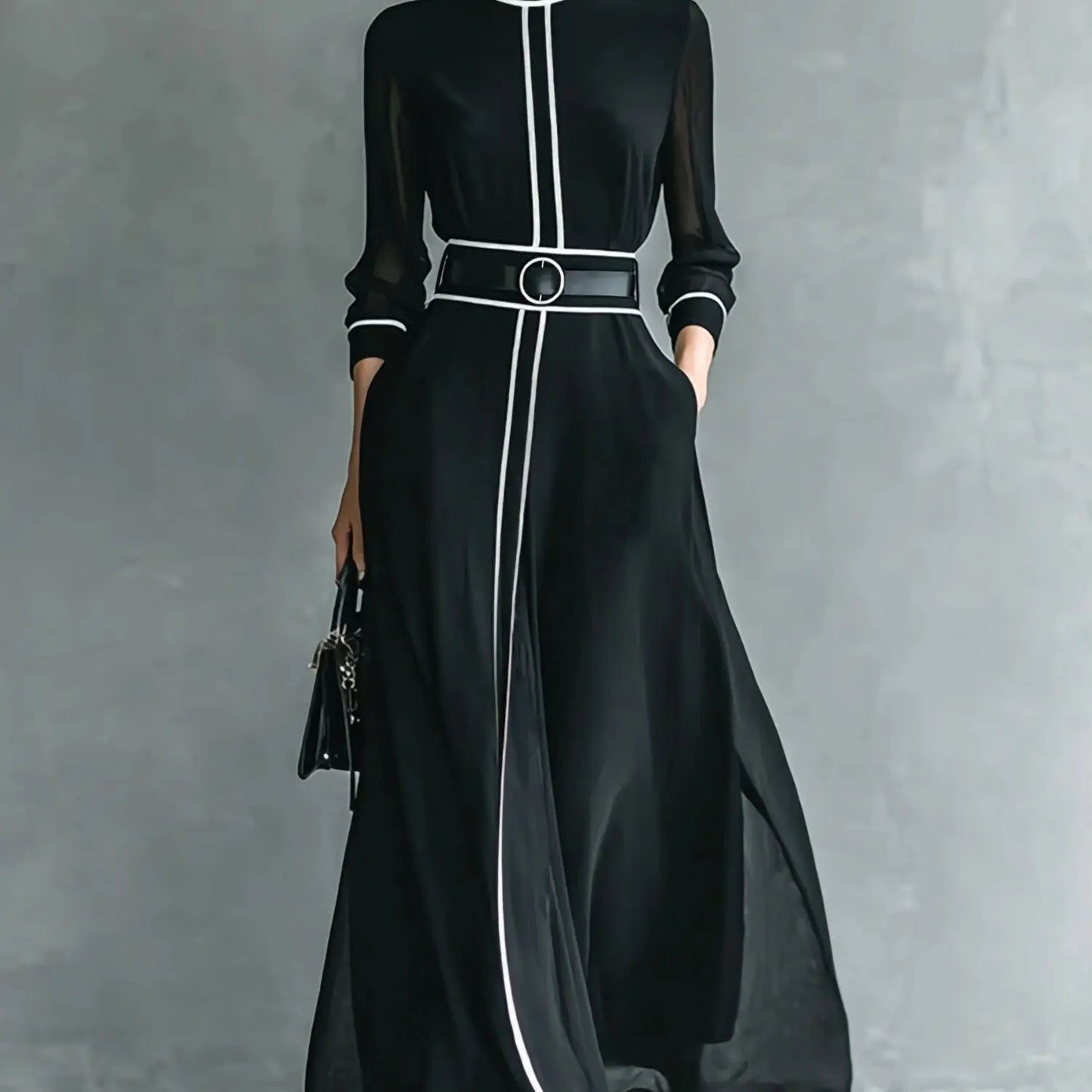 French Elegant Chiffon Maxi Dress, High Neck Long Sleeve with White Piping Trim, Ideal for Office, Business, Banquets & Parties