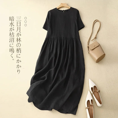 Original Women Cotton Linen Midi Dresses Summer Chic Female Vestidos Loose Soild A-Line Dress Short Puffy Sleeve Casual Sundress
