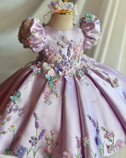 Flower Girl Dress Satin 3D Floral Butterfly Puff Sleeve Ball Gown Wedding Gown First Christmas Party Dress For Girlsفساتين