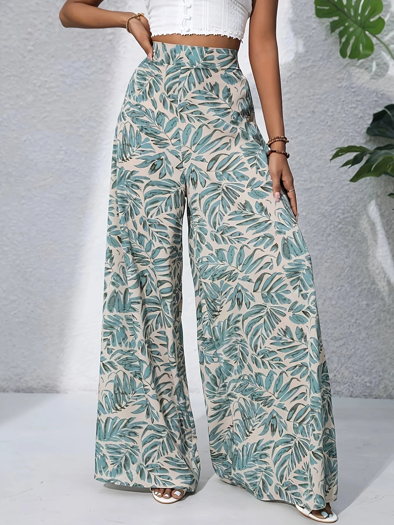 Women's Boho Print Chiffon Wide Leg Pants - High-Waisted Design, Summer Vacation Long Beach Pants, Casual Elegance Style