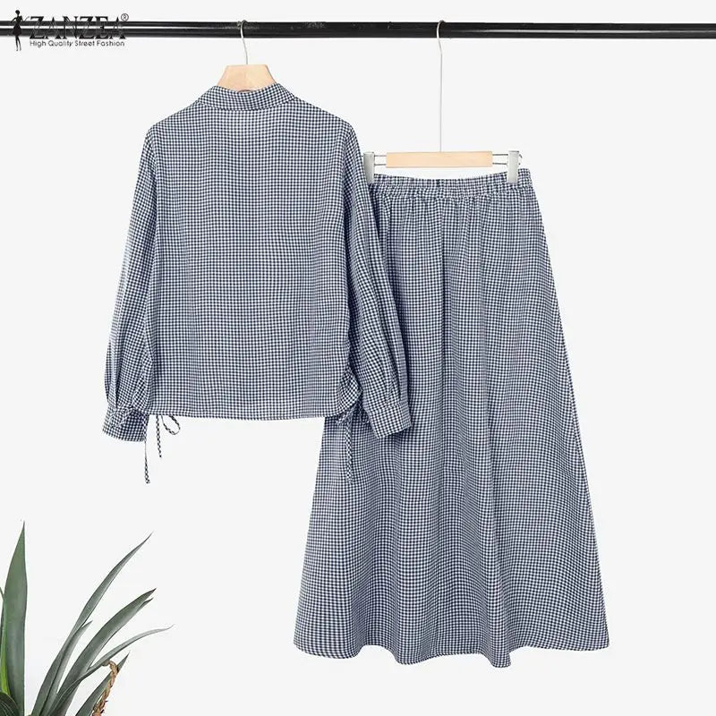 2026 ZANZEA Summer Women Long Sleeve Shirt Dress Sets Muslim 2 Piece Sets Hijab Outfits Casual Striped Work Skirt Suit Ramadan