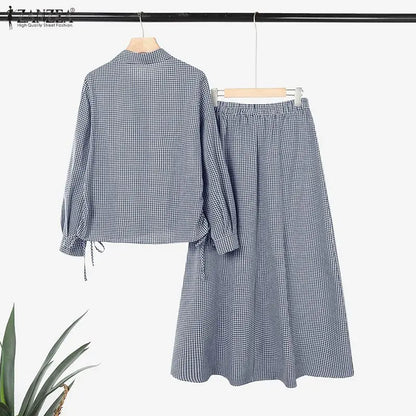 2026 ZANZEA Summer Women Long Sleeve Shirt Dress Sets Muslim 2 Piece Sets Hijab Outfits Casual Striped Work Skirt Suit Ramadan
