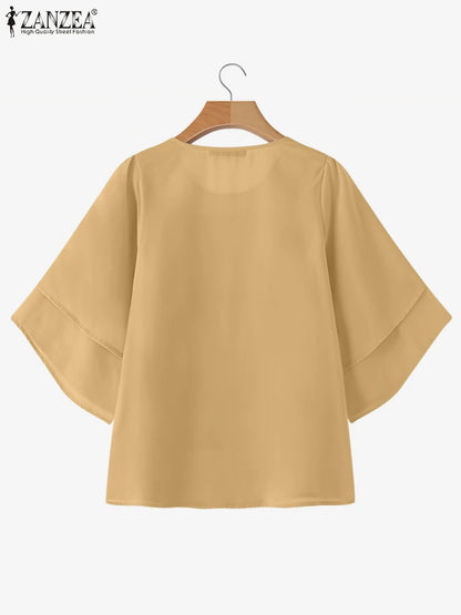 2025 ZANZEA Fashion Women Chiffon Blouse Solid Color Tops Tunic Autumn 3/4 Sleeve Ruffled Shirts Casual Office Lady Elegant Tops