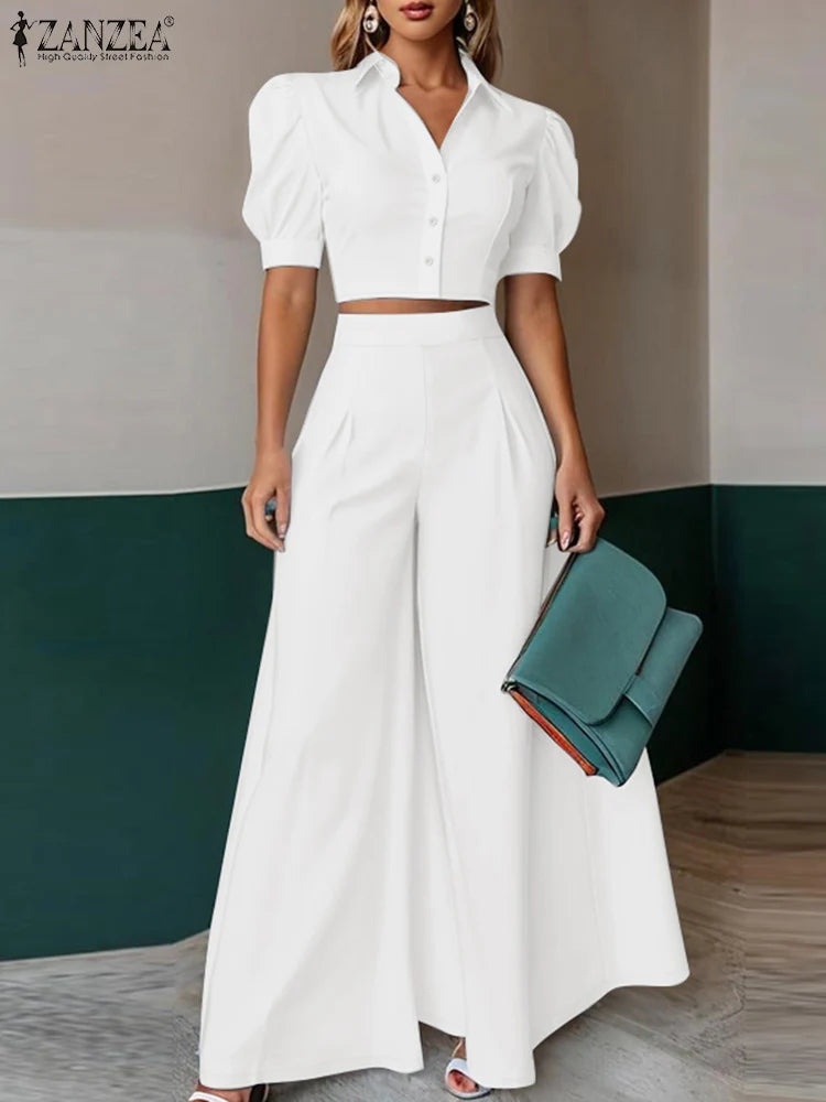 Summer Office Women Two Pieces Sets ZANZEA Elegant OL Work Pant Sets Short Sleeve Cropped Blouse Wide Leg Trousers 2PCS Outfits