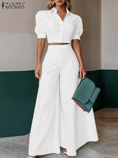 Summer Office Women Two Pieces Sets ZANZEA Elegant OL Work Pant Sets Short Sleeve Cropped Blouse Wide Leg Trousers 2PCS Outfits