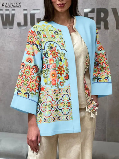 ZANZEA Bohemian Floral Printing Women Cardigan Autumn 2025 O-Neck Long Sleeve Open-Front Kimono Ethnic Style Woman Cover-Up Tops