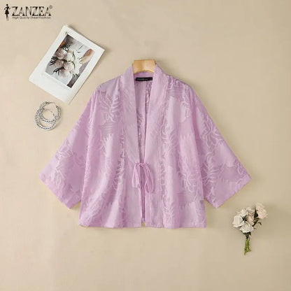 ZANZEA Woman Textured Floral Clip-Dot Cardigans V-Neck Long Sleeves Lace-Up Open Front Kimonos Summer Vacation Beach Cover-Up