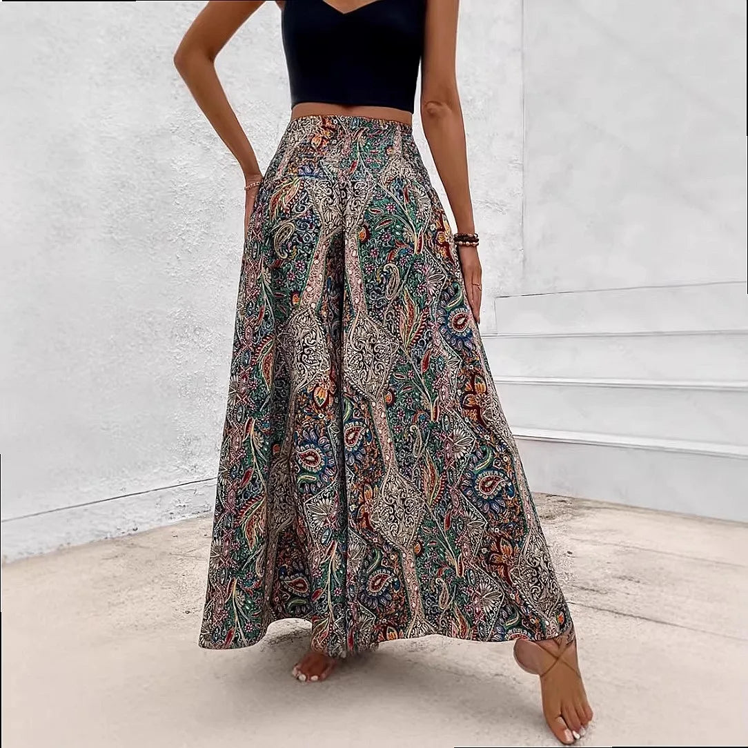 Bohemian Wide Leg Pants Retro Colorful Print High Waist Loose Casual Trousers Boho Palazzo Pants