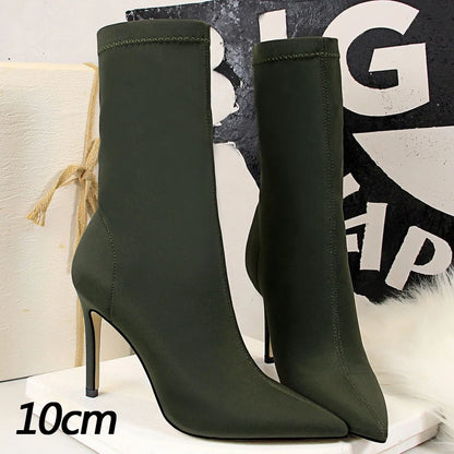 BIGTREE Shoes Stiletto Sexy Elastic Boots Women Shoes Sexy Stretch Fabric Ankle Boots Pointed Tip High Heels Boots Plus Size 43