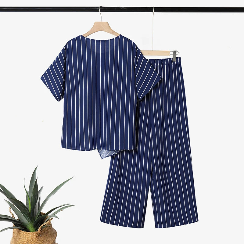 ZANZEA Stylish Summer 2 Pieces Sets Women Striped Tracksuit O Neck Short Sleeve Blouse Pants Sets Holiday Outfits Matching Sets