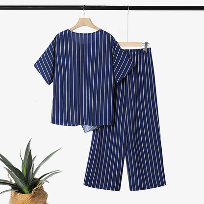ZANZEA Stylish Summer 2 Pieces Sets Women Striped Tracksuit O Neck Short Sleeve Blouse Pants Sets Holiday Outfits Matching Sets