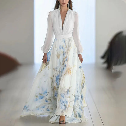 Pakistani Woman Dress Puff Sleeve V Neck High Waist Printed Maxi Dress Floral Print Flowing Skirt Blue And White Lightweight
