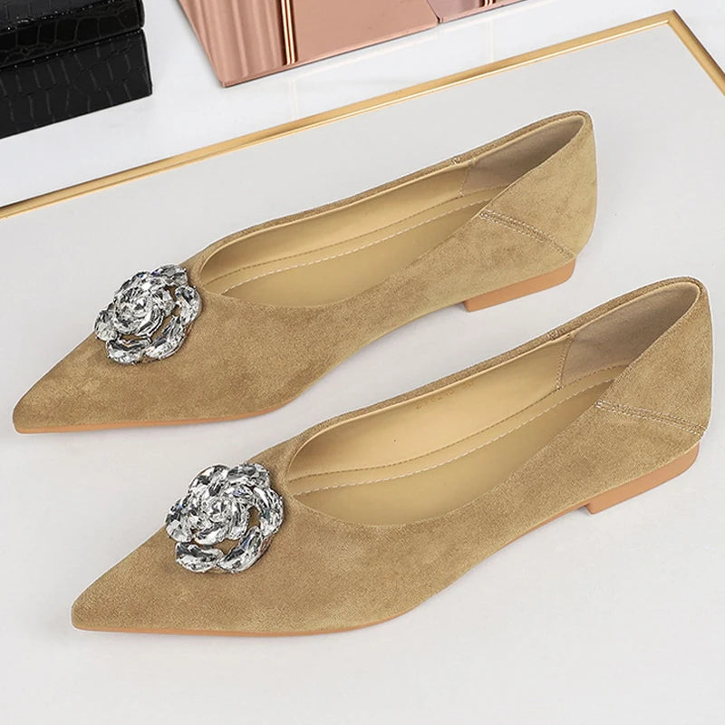 2026 Luxury Low Heeled Shoes Women Sharp Pointed Shallow Mouth Rhinestone Women's Shoes Suede Low Heeled Shoes With Women Pumps