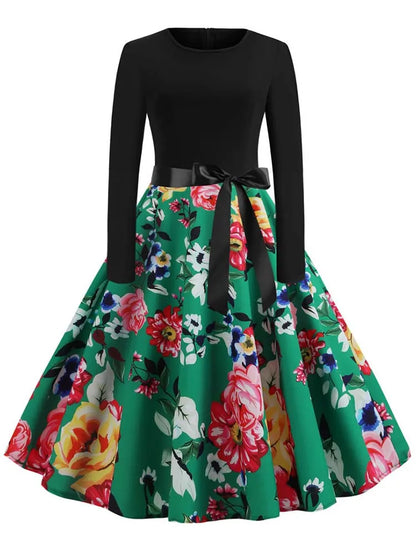 Music Note Print Elegant Party Dress Women Retro Vintage Casual Spring Autumn Midi Dresses